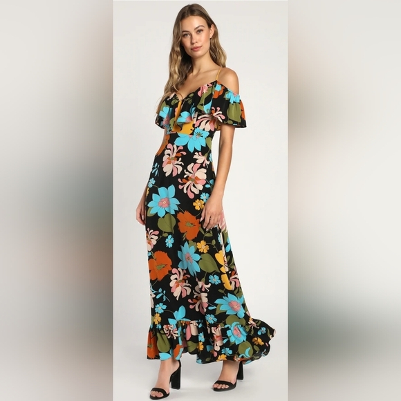 Lulus Got the Flower Black Floral Ruffled Cold-Shoulder Maxi‎ Dress Small - Picture 1 of 5